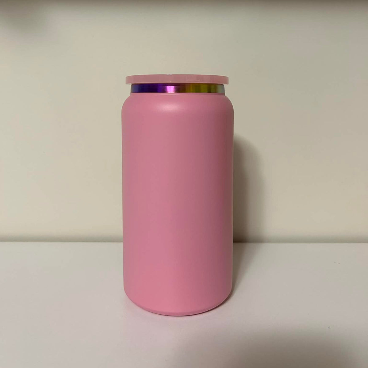 16oz Uv-dtf WrapMatt Baby Pink Stainless Steel With Rainbow Plated Rim